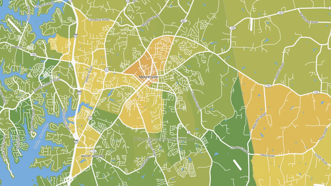 Map of the best neighborhoods in the 28115 area, with better matches in green and worse matches in red