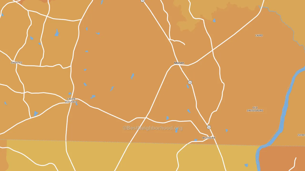 Map of the best neighborhoods in the 28119 area, with better matches in green and worse matches in red