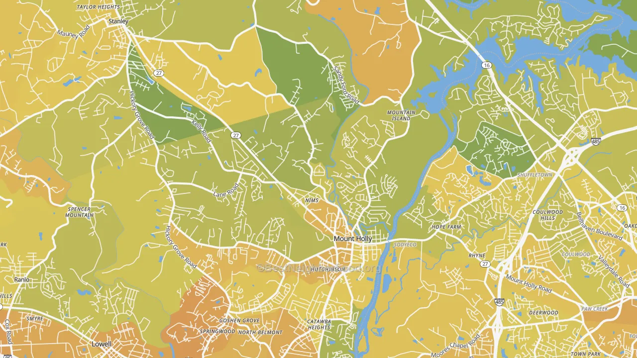 Map of the best neighborhoods in the 28120 area, with better matches in green and worse matches in red