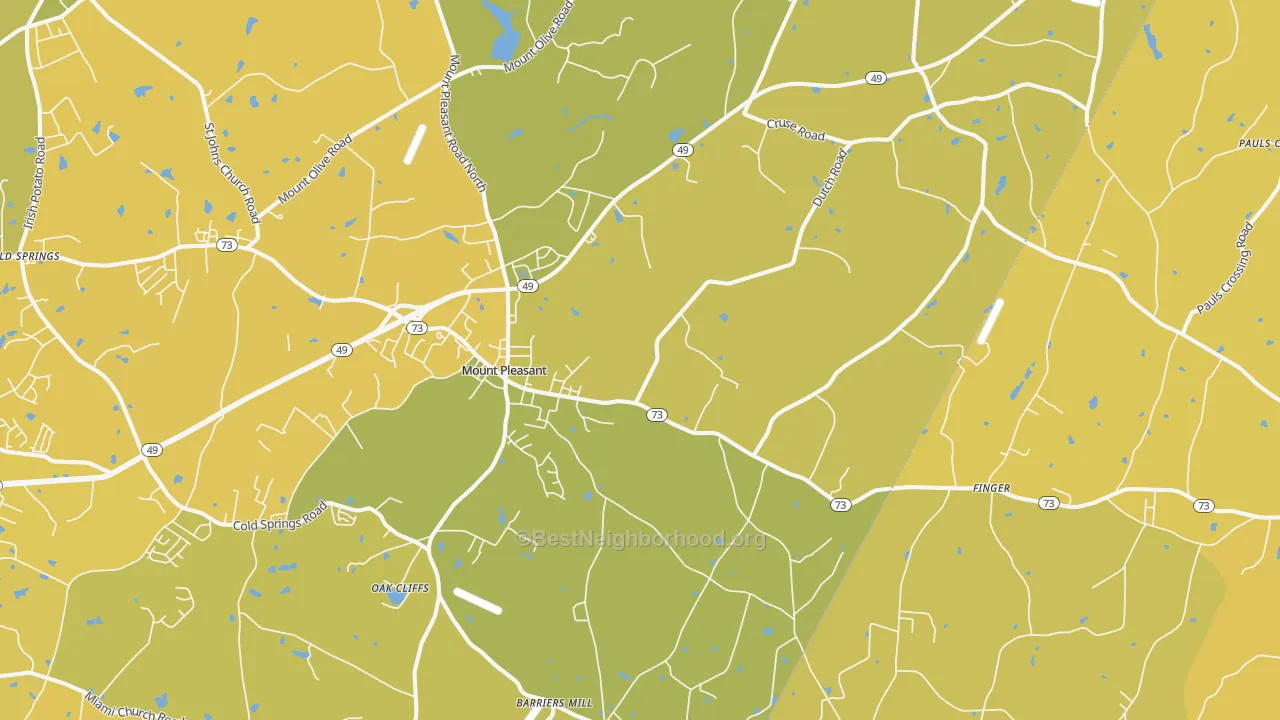 Map of the best neighborhoods in the 28124 area, with better matches in green and worse matches in red