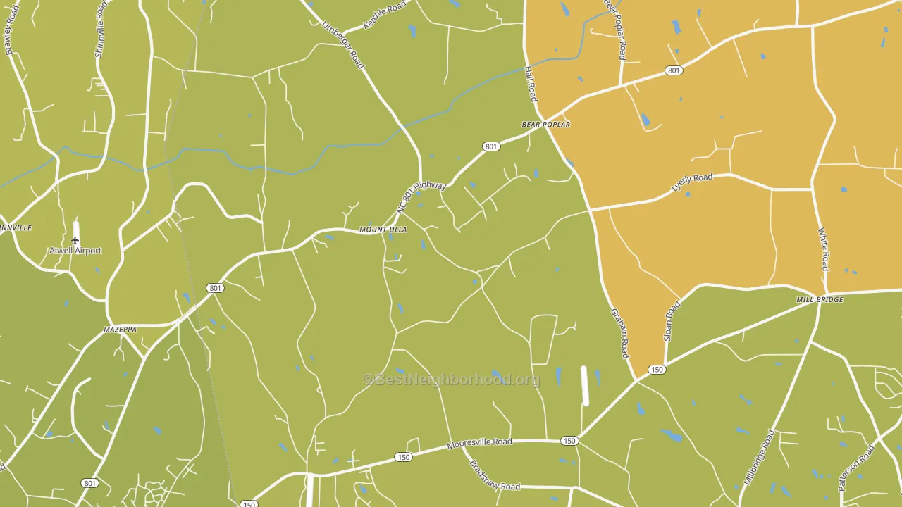 Map of the best neighborhoods in the 28125 area, with better matches in green and worse matches in red