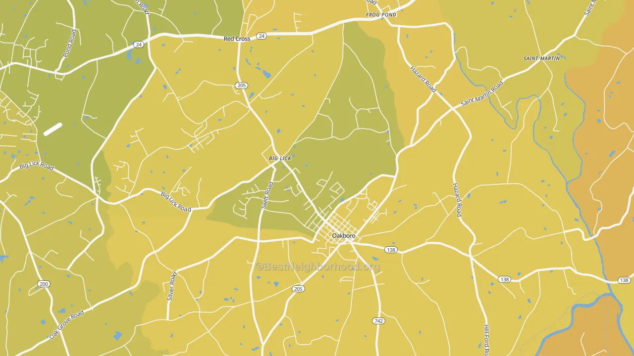 Map of the best neighborhoods in the 28129 area, with better matches in green and worse matches in red