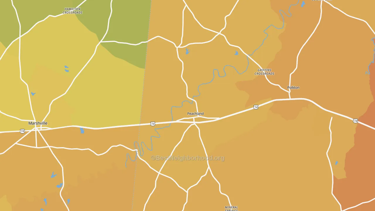 Map of the best neighborhoods in the 28133 area, with better matches in green and worse matches in red