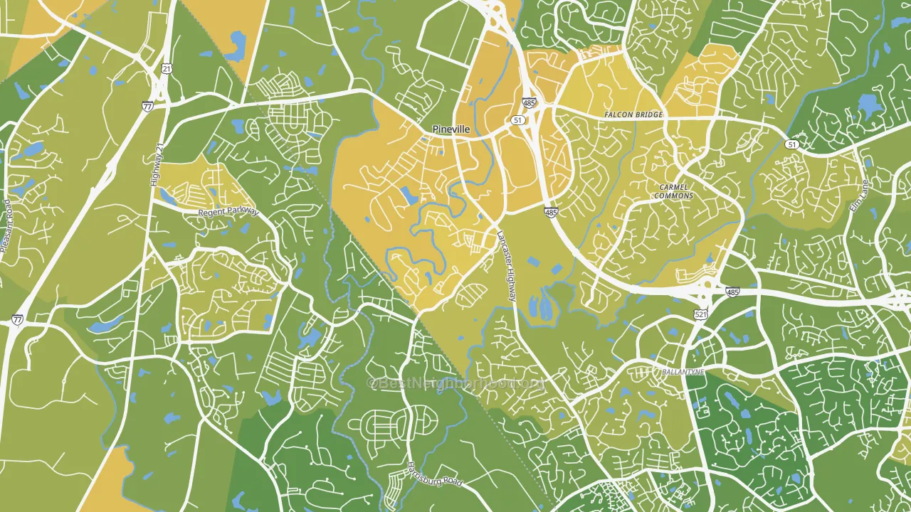 Map of the best neighborhoods in the 28134 area, with better matches in green and worse matches in red