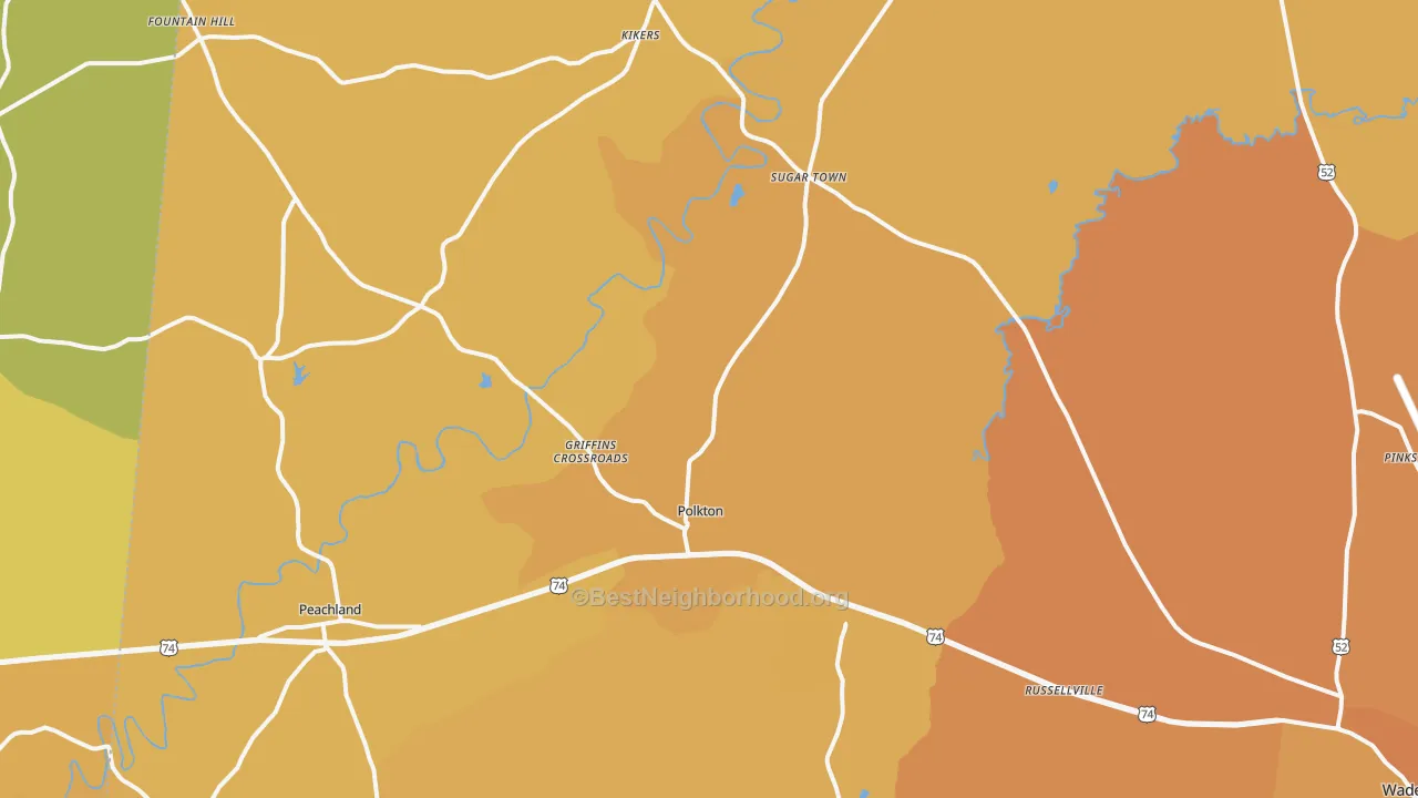 Map of the best neighborhoods in the 28135 area, with better matches in green and worse matches in red