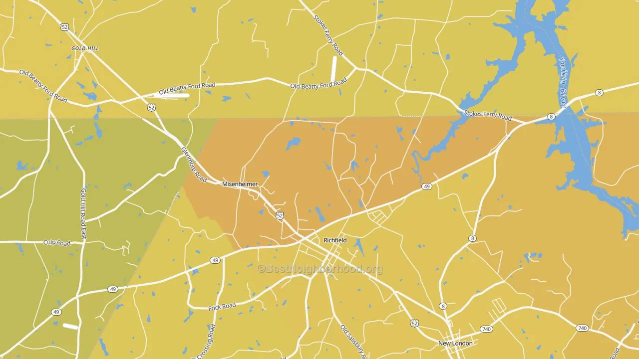 Map of the best neighborhoods in the 28137 area, with better matches in green and worse matches in red