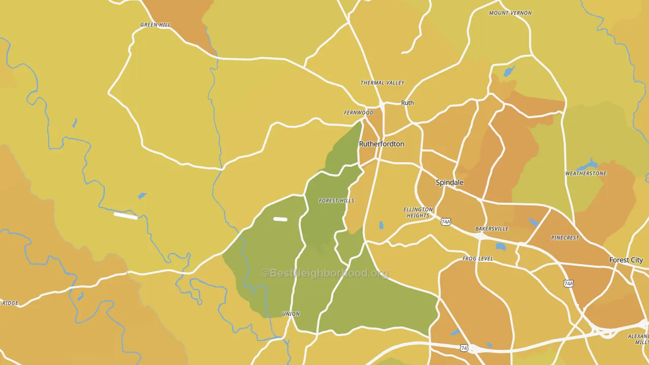 Map of the best neighborhoods in the 28139 area, with better matches in green and worse matches in red