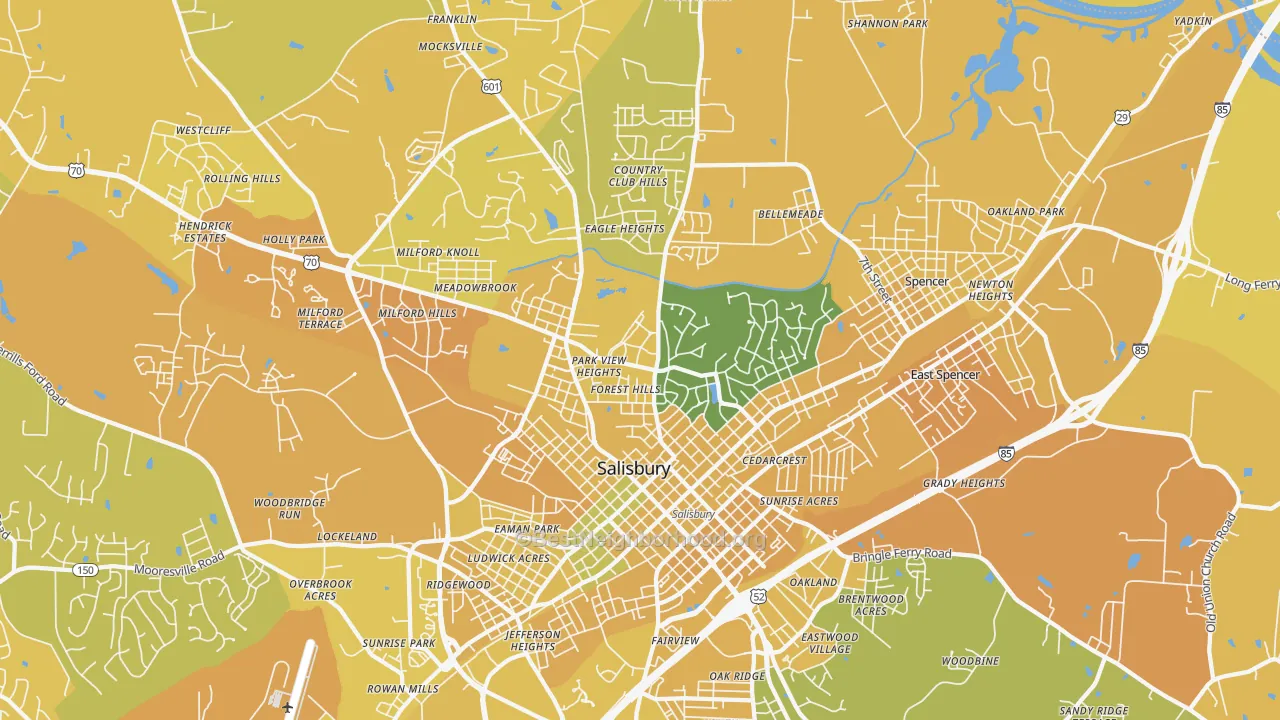 Map of the best neighborhoods in the 28144 area, with better matches in green and worse matches in red