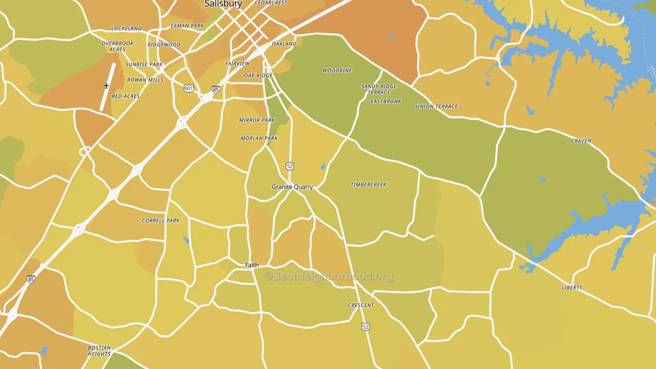 Map of the best neighborhoods in the 28146 area, with better matches in green and worse matches in red