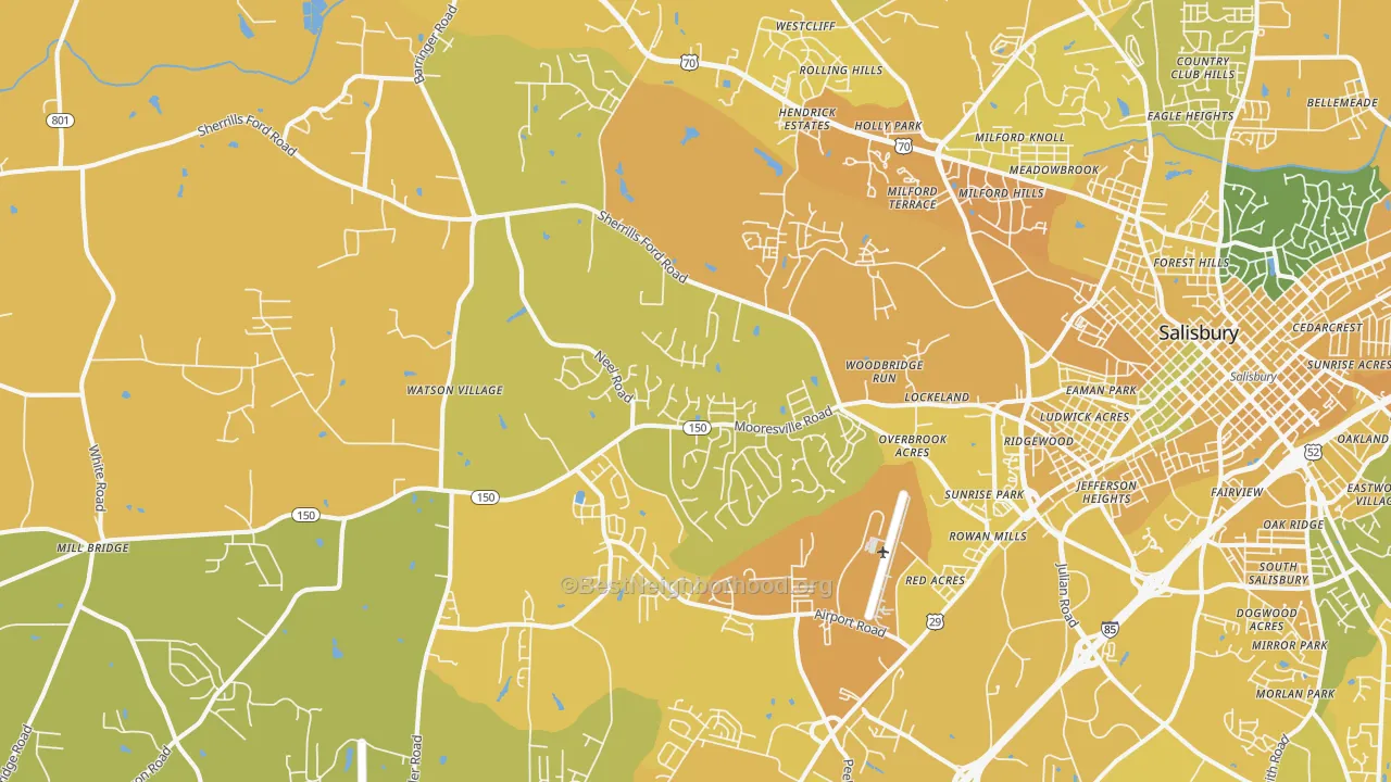 Map of the best neighborhoods in the 28147 area, with better matches in green and worse matches in red