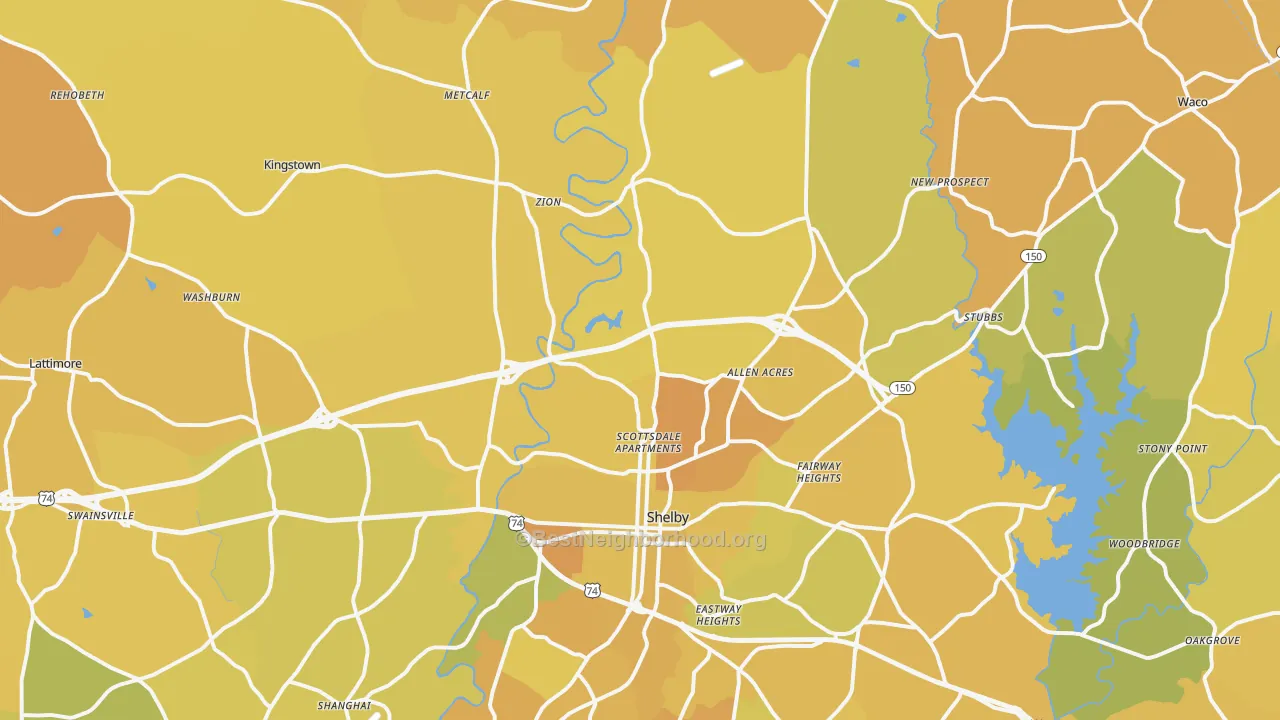 Map of the best neighborhoods in the 28150 area, with better matches in green and worse matches in red