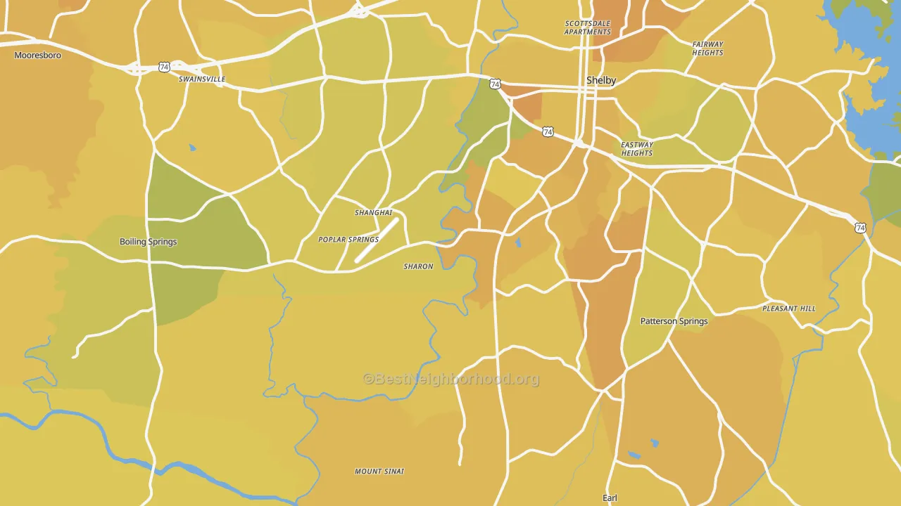 Map of the best neighborhoods in the 28152 area, with better matches in green and worse matches in red