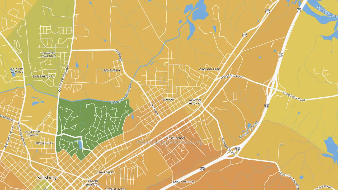 Map of the best neighborhoods in the 28159 area, with better matches in green and worse matches in red