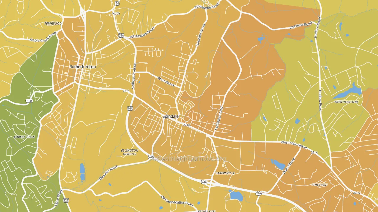 Map of the best neighborhoods in the 28160 area, with better matches in green and worse matches in red