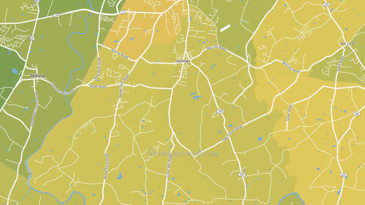 Map of the best neighborhoods in the 28163 area, with better matches in green and worse matches in red