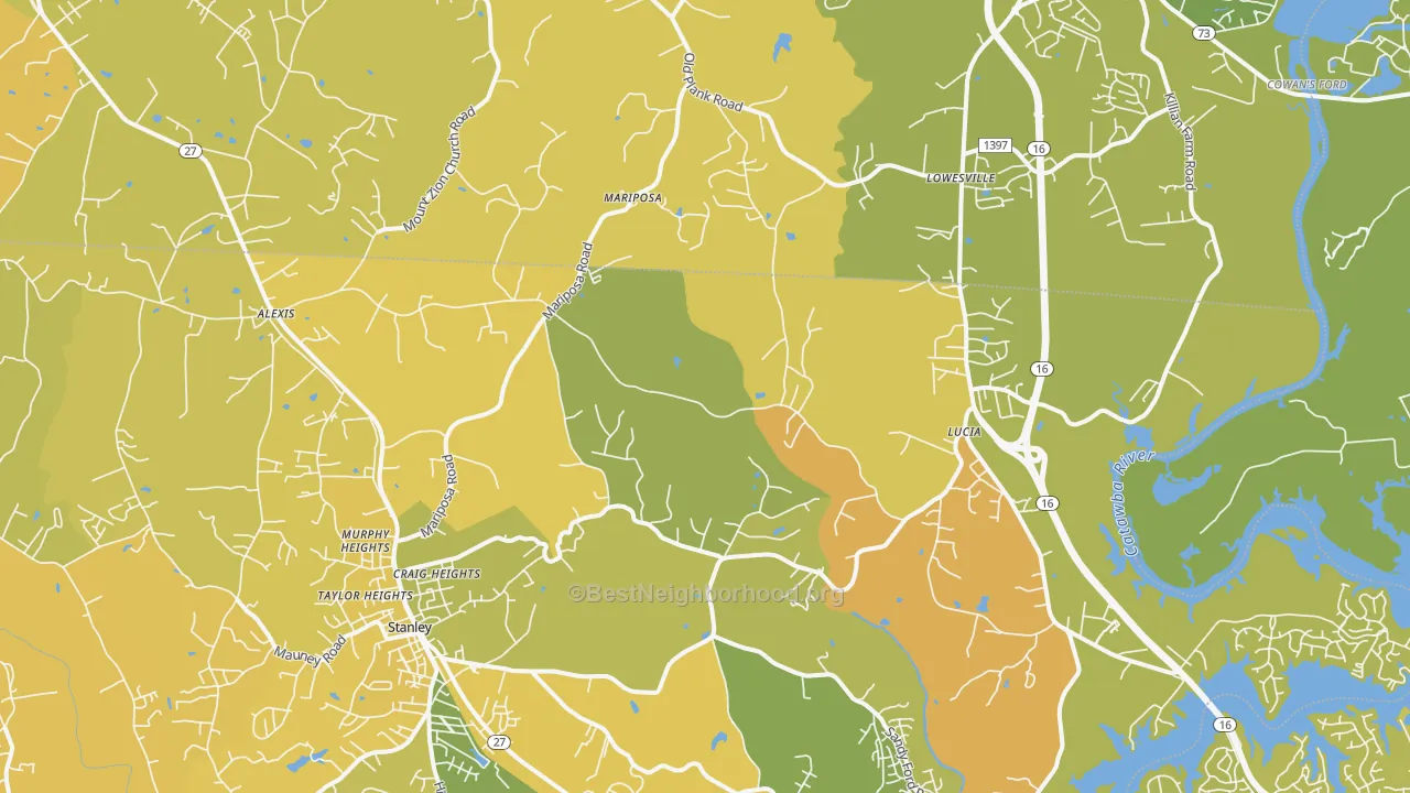 Map of the best neighborhoods in the 28164 area, with better matches in green and worse matches in red
