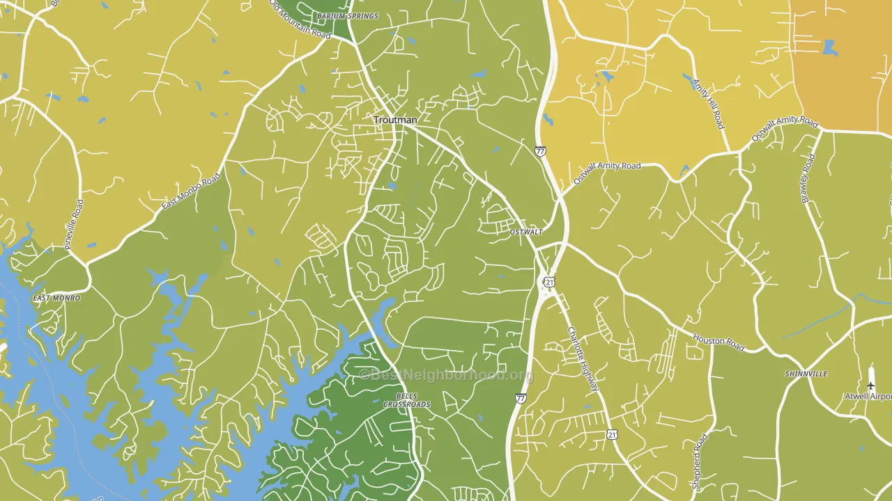 Map of the best neighborhoods in the 28166 area, with better matches in green and worse matches in red