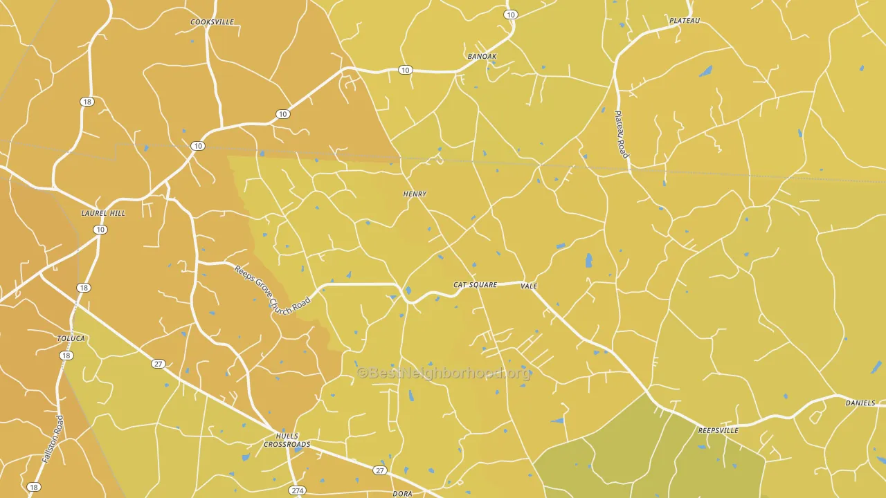 Map of the best neighborhoods in the 28168 area, with better matches in green and worse matches in red
