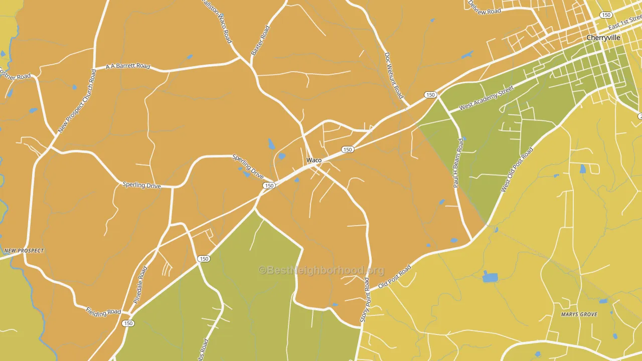 Map of the best neighborhoods in the 28169 area, with better matches in green and worse matches in red