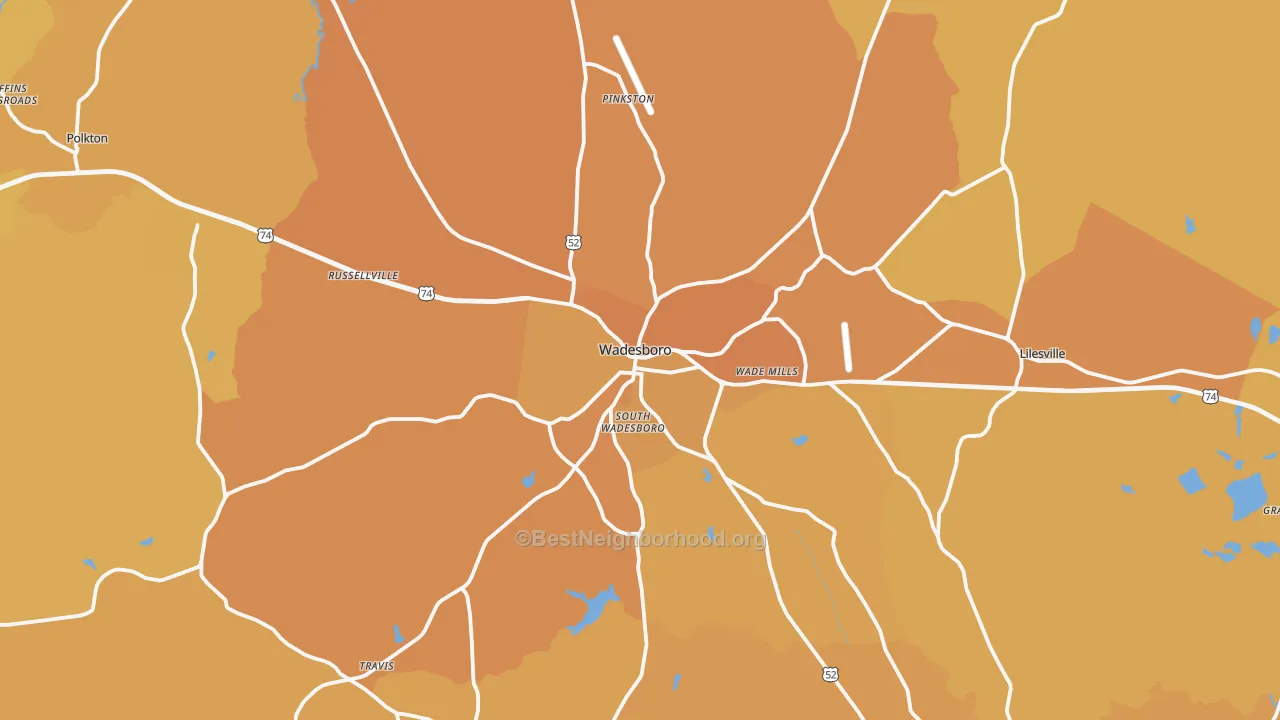 Map of the best neighborhoods in the 28170 area, with better matches in green and worse matches in red