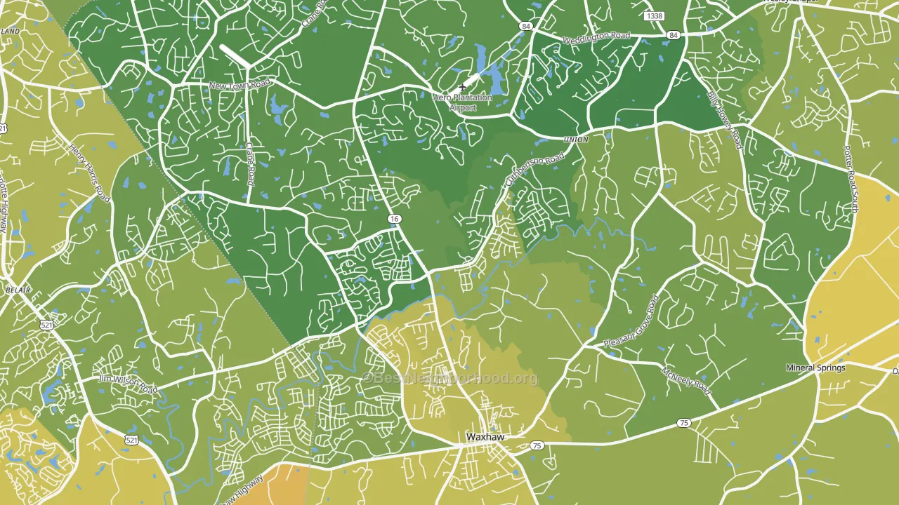 Map of the best neighborhoods in the 28173 area, with better matches in green and worse matches in red