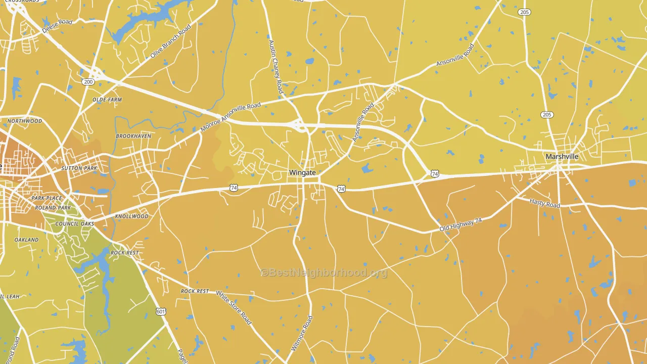 Map of the best neighborhoods in the 28174 area, with better matches in green and worse matches in red