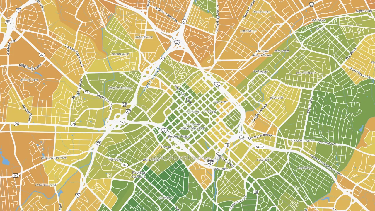 Map of the best neighborhoods in the 28202 area, with better matches in green and worse matches in red