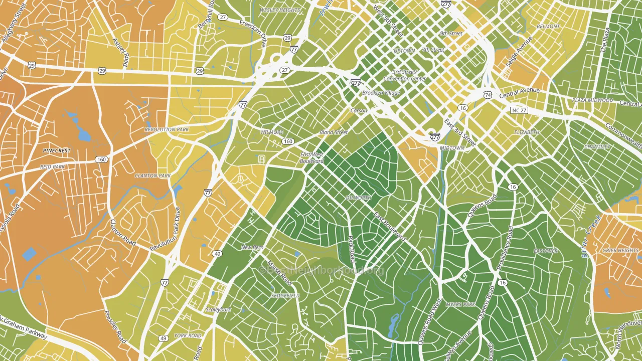 Map of the best neighborhoods in the 28203 area, with better matches in green and worse matches in red