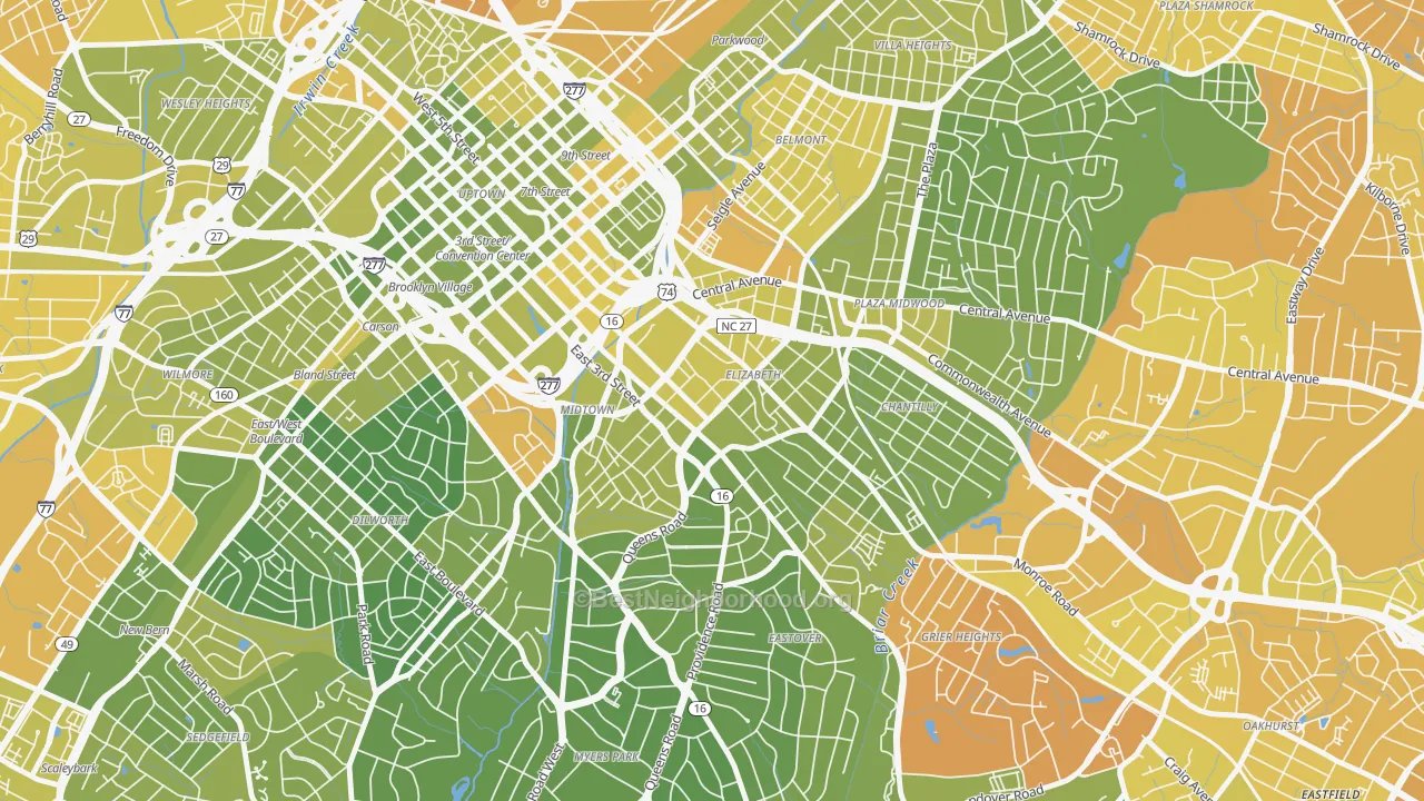 Map of the best neighborhoods in the 28204 area, with better matches in green and worse matches in red