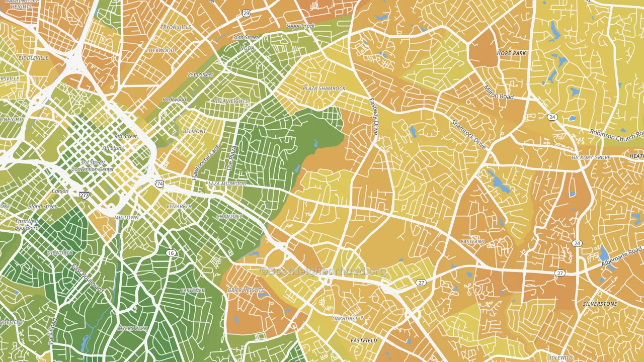 Map of the best neighborhoods in the 28205 area, with better matches in green and worse matches in red