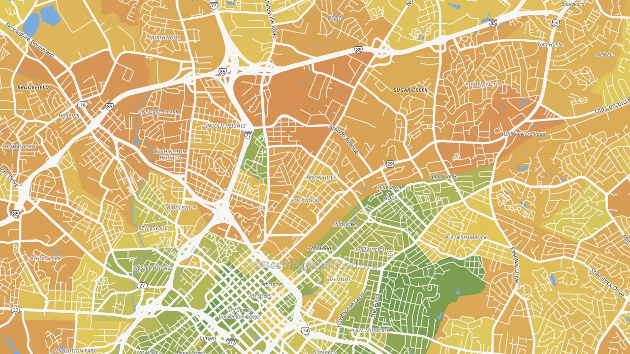Map of the best neighborhoods in the 28206 area, with better matches in green and worse matches in red