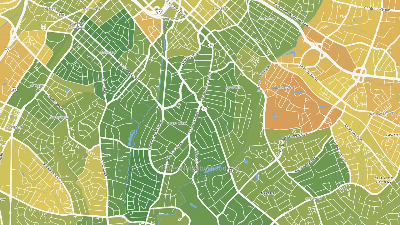 Map of the best neighborhoods in the 28207 area, with better matches in green and worse matches in red