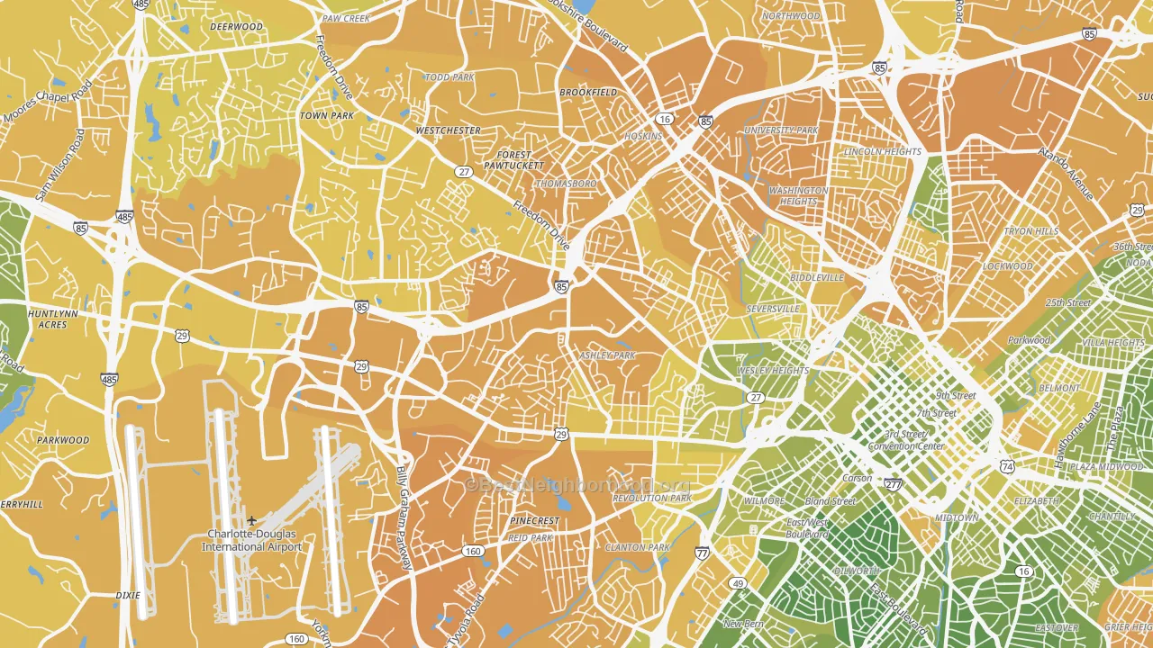 Map of the best neighborhoods in the 28208 area, with better matches in green and worse matches in red