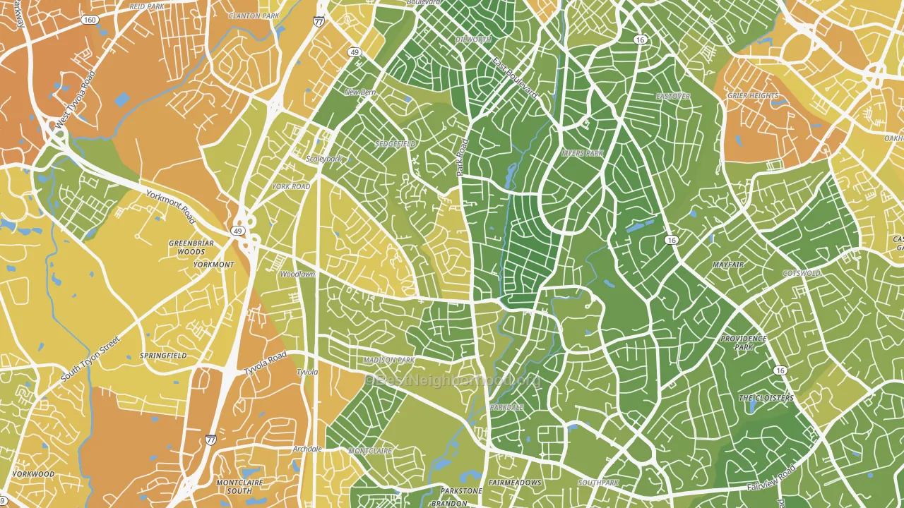 Map of the best neighborhoods in the 28209 area, with better matches in green and worse matches in red