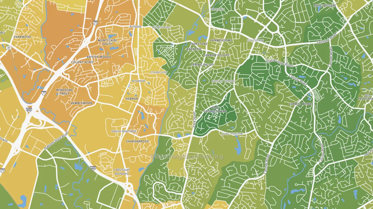 Map of the best neighborhoods in the 28210 area, with better matches in green and worse matches in red