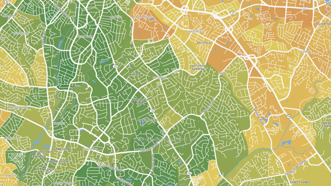 Map of the best neighborhoods in the 28211 area, with better matches in green and worse matches in red