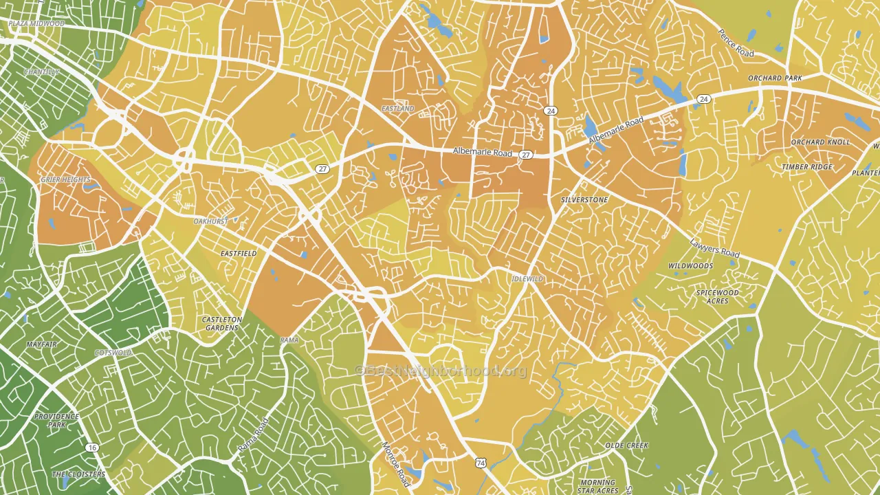 Map of the best neighborhoods in the 28212 area, with better matches in green and worse matches in red