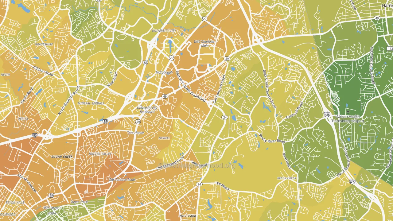 Map of the best neighborhoods in the 28213 area, with better matches in green and worse matches in red