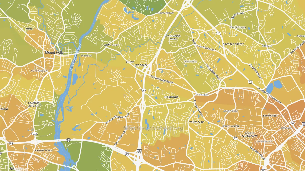 Map of the best neighborhoods in the 28214 area, with better matches in green and worse matches in red