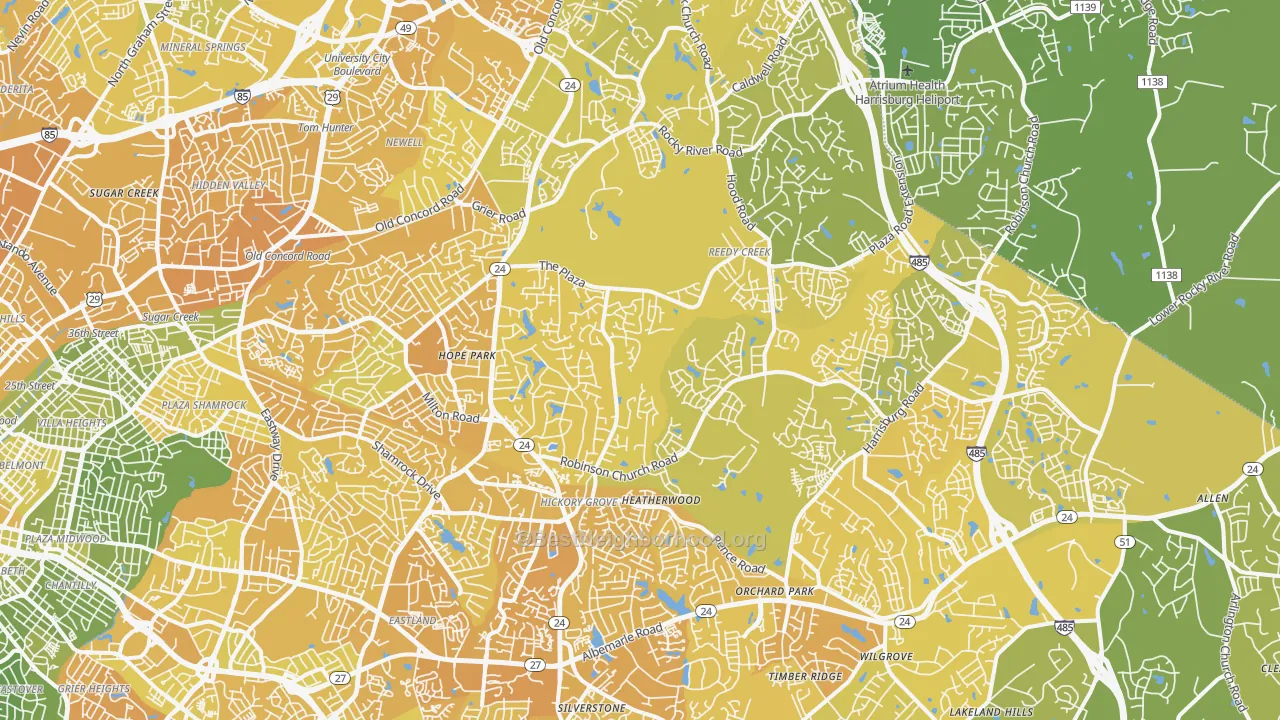 Map of the best neighborhoods in the 28215 area, with better matches in green and worse matches in red