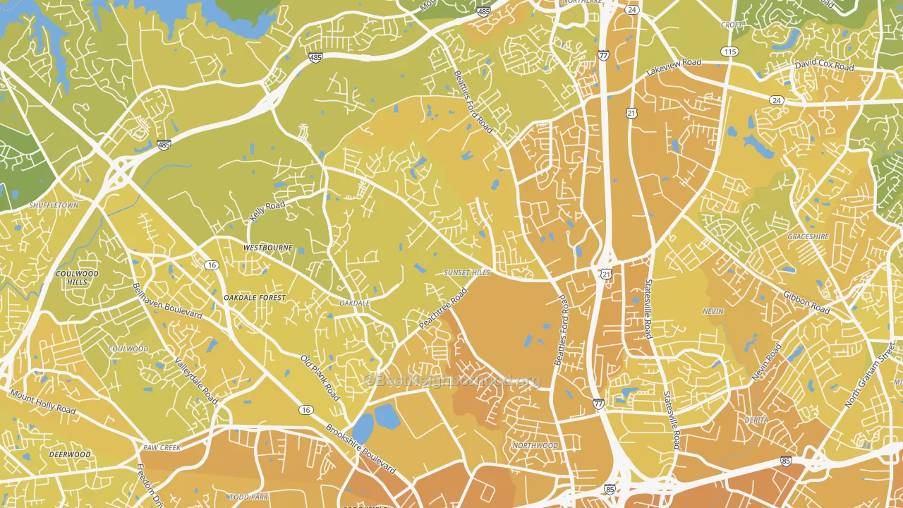 Map of the best neighborhoods in the 28216 area, with better matches in green and worse matches in red