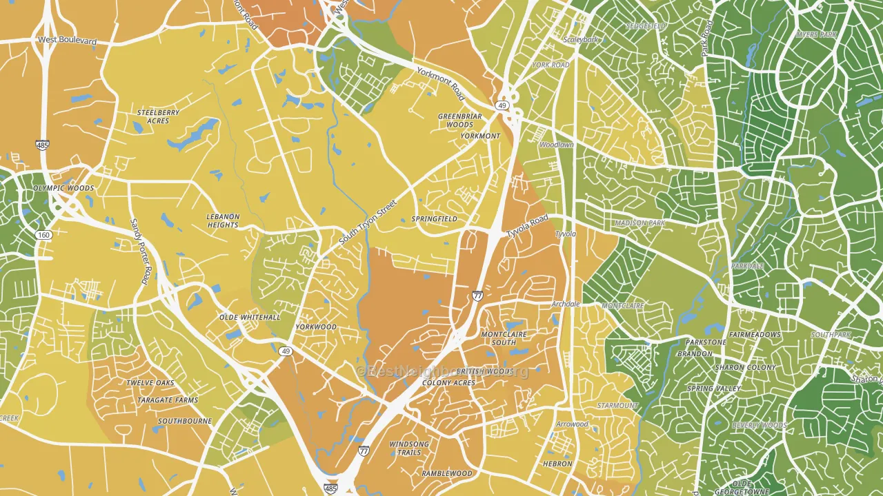 Map of the best neighborhoods in the 28217 area, with better matches in green and worse matches in red