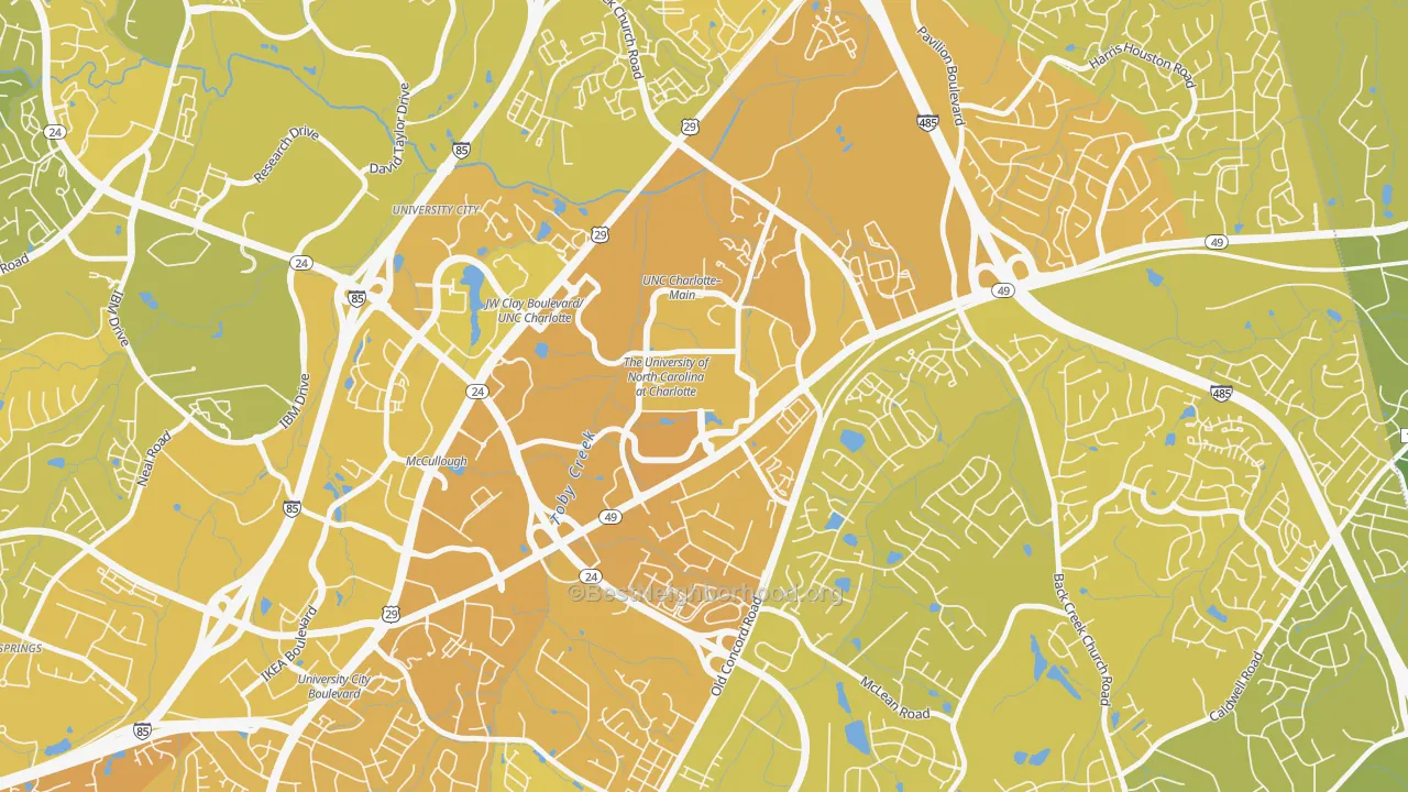 Map of the best neighborhoods in the 28223 area, with better matches in green and worse matches in red