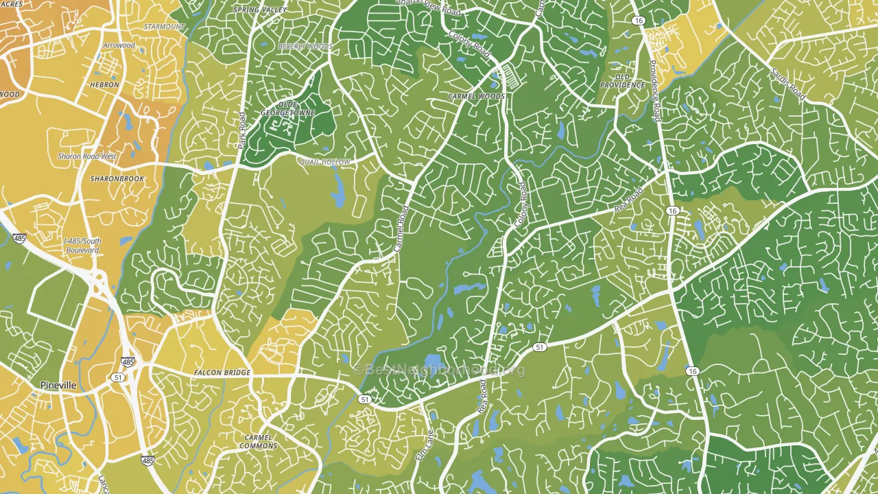 Map of the best neighborhoods in the 28226 area, with better matches in green and worse matches in red