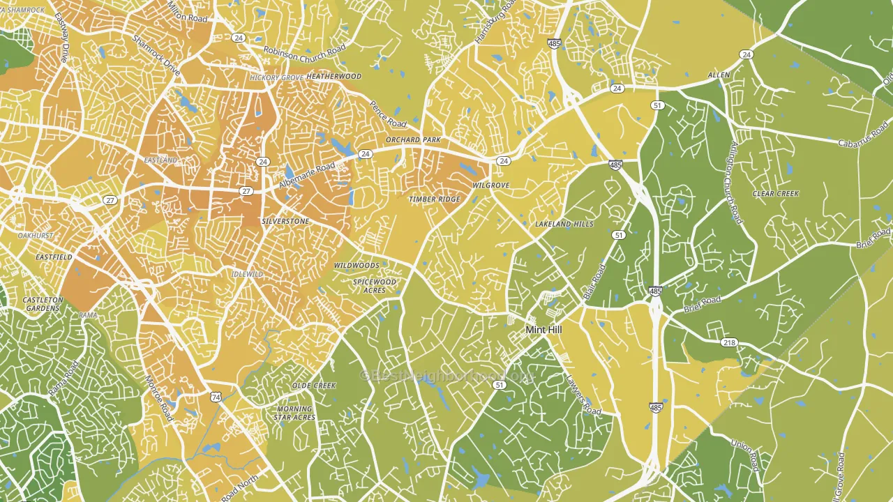 Map of the best neighborhoods in the 28227 area, with better matches in green and worse matches in red