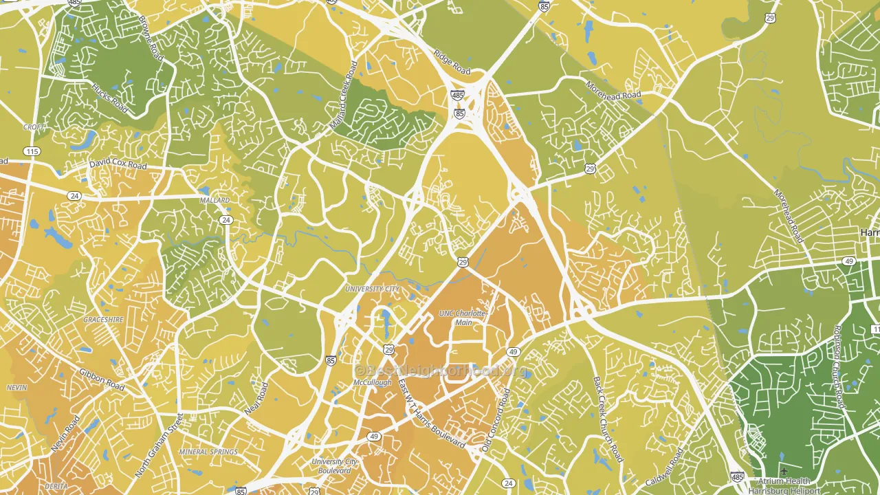 Map of the best neighborhoods in the 28262 area, with better matches in green and worse matches in red