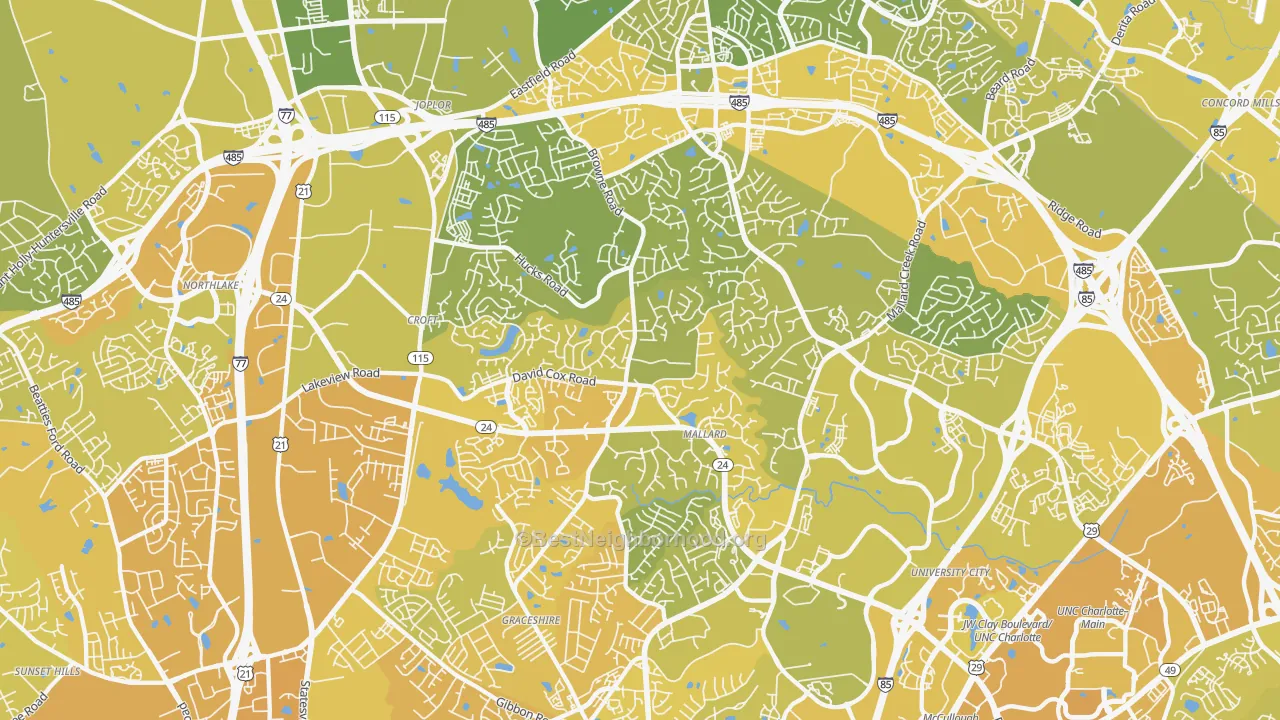 Map of the best neighborhoods in the 28269 area, with better matches in green and worse matches in red