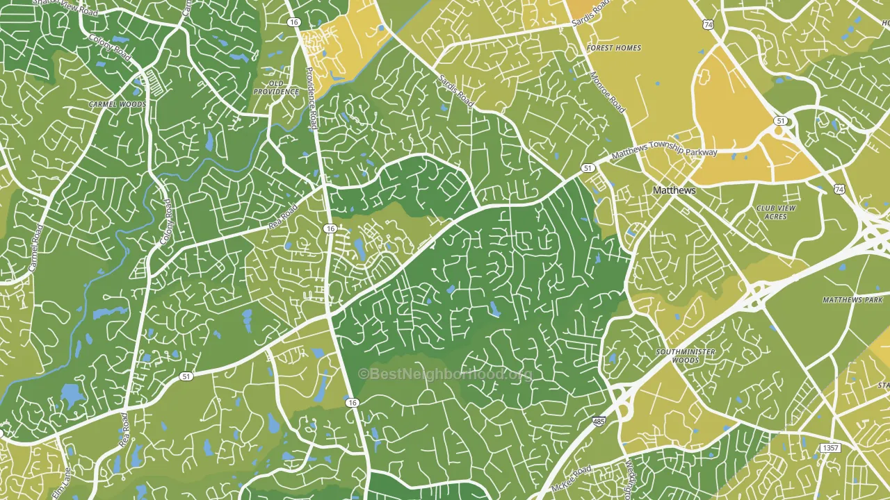 Map of the best neighborhoods in the 28270 area, with better matches in green and worse matches in red