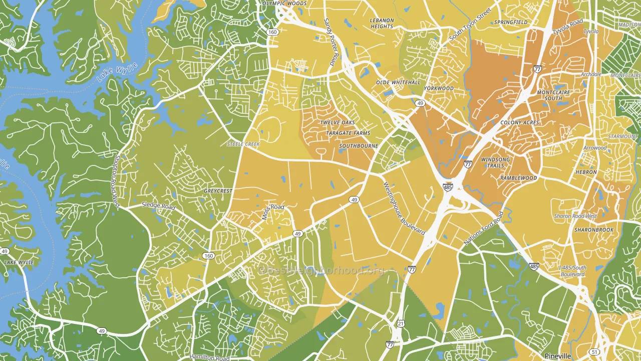 Map of the best neighborhoods in the 28273 area, with better matches in green and worse matches in red