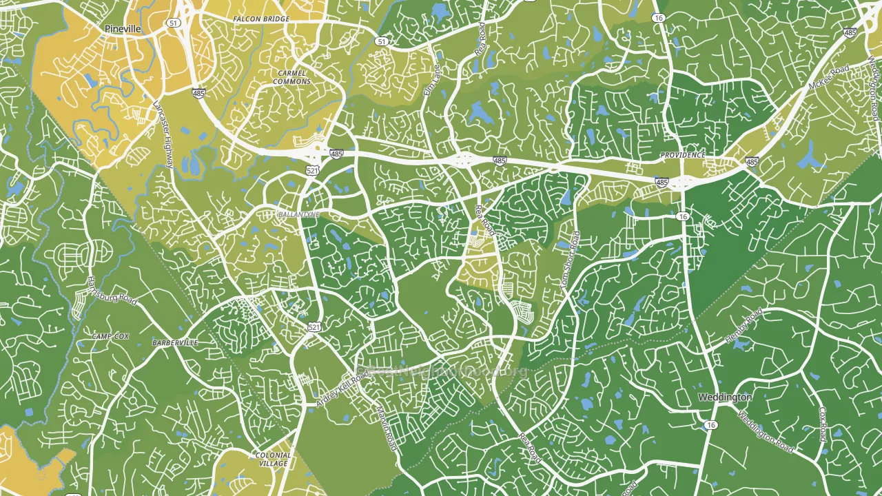 Map of the best neighborhoods in the 28277 area, with better matches in green and worse matches in red